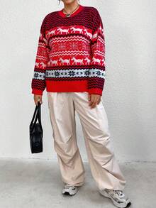 Flirla 圣诞图案落肩针织套头衫秋冬毛衣 - 彩色 - 查看 4