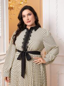 Modelyn 大碼通體印花撞色蕾絲束帶襯衫洋裝 - 杏色 - 查看 6