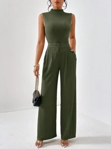 Firerie Mock Neck Tank Top & Wide Leg Pants - Olive Green - View 3