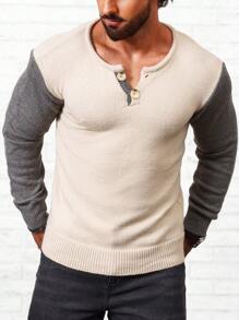 Manfinity Homme 男士寬鬆拼色正面紐帶毛衣 - 米色 - 查看 4