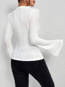 SHEIN LUNE Round Neck Eyelet Embroidery Flounce Sleeve Tee - White - View 2