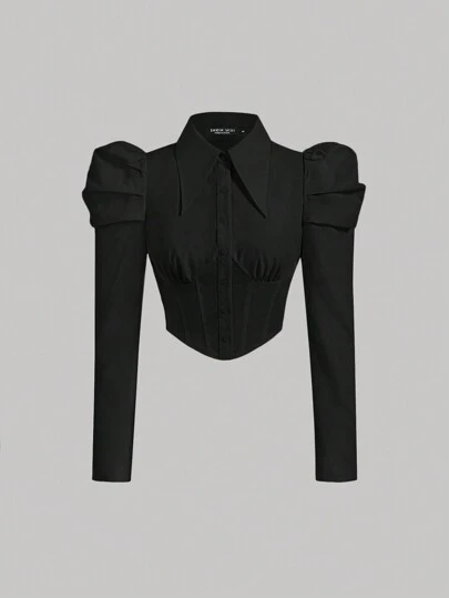 SHEIN MOD Gigot Sleeve Ruched Bust Button Front Crop Shirt Without Tie