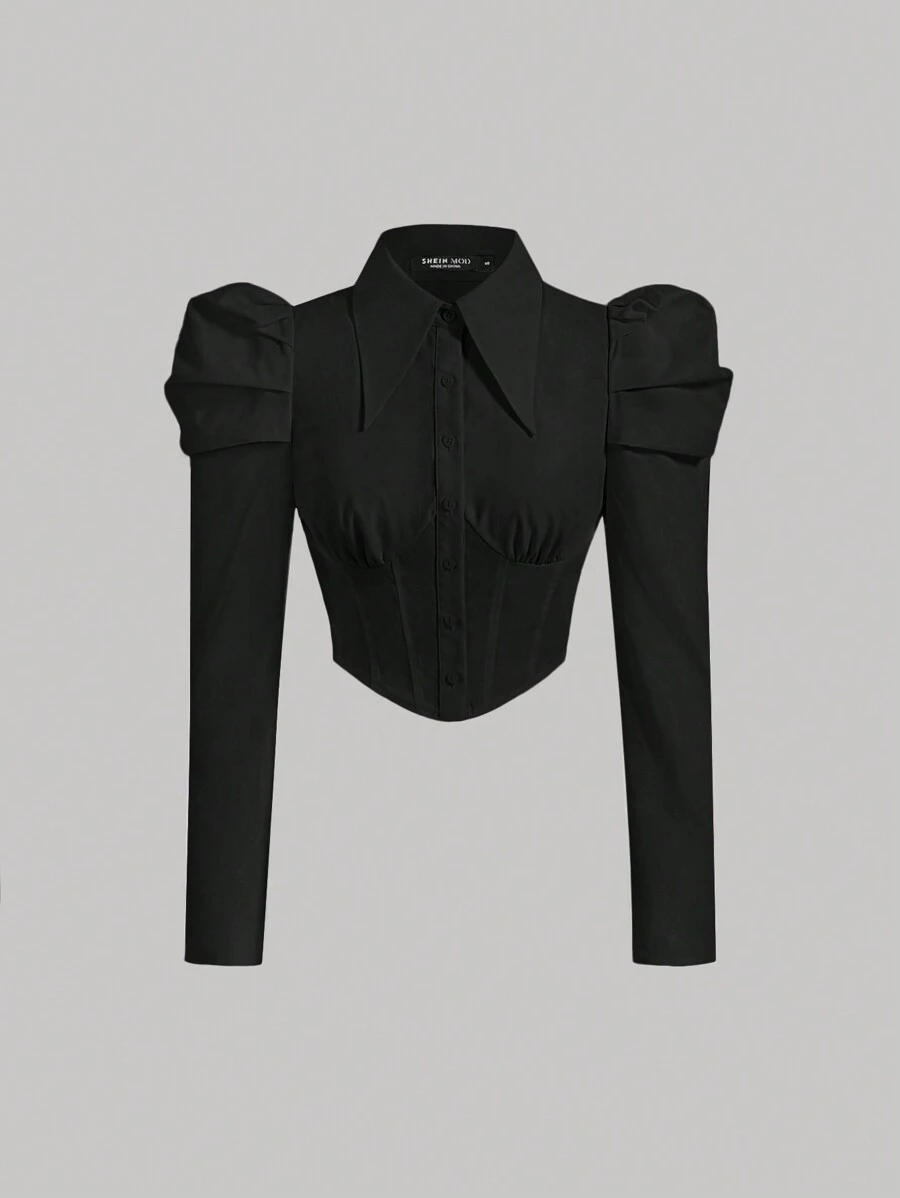 SHEIN MOD Áo sơ mi tay lỡ cài nút trước ngực Gigot không có cà vạt, áo dài tay - màu đen - Xem 1
