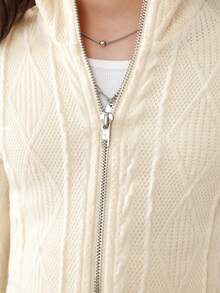 Tween Girls' Knitted Solid Color Jacquard Stand Collar Cardigan & Knitted Jumpsuit Set With Flare Pants - Apricot - View 6