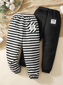 SHEIN Young Boy 2pcs Striped Print Patched Detail Sweatpants - Black - View 1