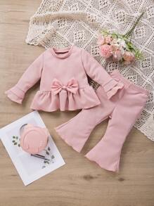 Đứa bé gái Nơ mặt trước Áo Peplum & Quần ống loe - Hồng - Xem 1