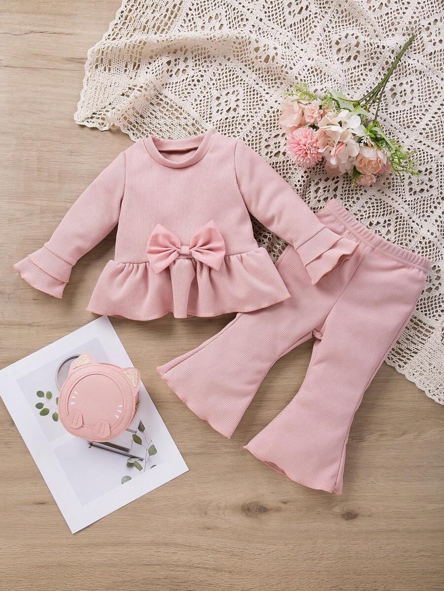 Đứa bé gái Nơ mặt trước Áo Peplum & Quần ống loe - Hồng - Xem 1