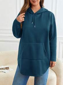 SHEIN Frenchy 加大码袋鼠口袋落肩抽绳卫衣 - 藍色 - 查看 4