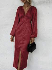 SHEIN Clasi 提花燈籠袖高衩洋裝