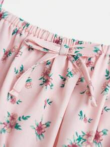 SHEIN 青少年女孩 小碎花印花繫帶前開衩大腿吊帶洋裝 - 淺粉色 - 查看 5