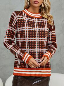 SHEIN LUNE Áo len chui đầu dệt kim họa tiết kẻ caro viền sọc, thích hợp cho mùa thu đông. - Nhiều màu - Xem 3