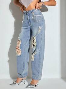 SHEIN BAE Jeans de pierna recta con diseño de diamante de imitación desgarro