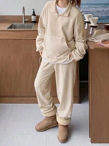 DAZY Half Zip Kangaroo Pocket Drop Shoulder Sweatshirt Without Tee - Apricot - View 8