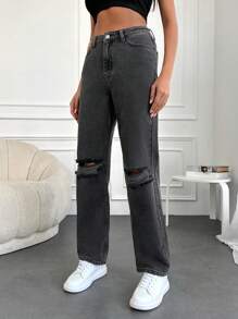 SHEIN Cottnline Ripped Straight Leg Jeans - Black - View 3