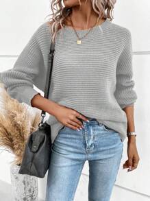 EMERY ROSE 纽扣后背蝙蝠袖针织套头衫秋冬毛衣 - 淺灰色 - 查看 5