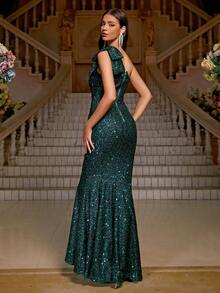 單肩魚尾裙下擺亮片正式洋裝 - 墨綠色 - 查看 2