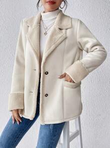 SHEIN Frenchy Cổ áo Lót Teddy áo - Màu be - Xem 5