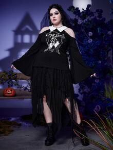 Corpse Bride | ROMWE Plus Cartoon Graphic Cold Shoulder Tee - Black - View 6