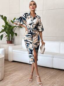 SHEIN Privé Áo sơ mi tay áo in hình Allover - Nhiều màu - Xem 4