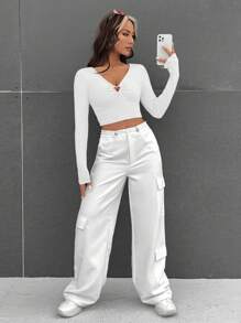 SHEIN EZwear 肋紋編織心形環身體裹短袖上衣 - 白色 - 查看 5