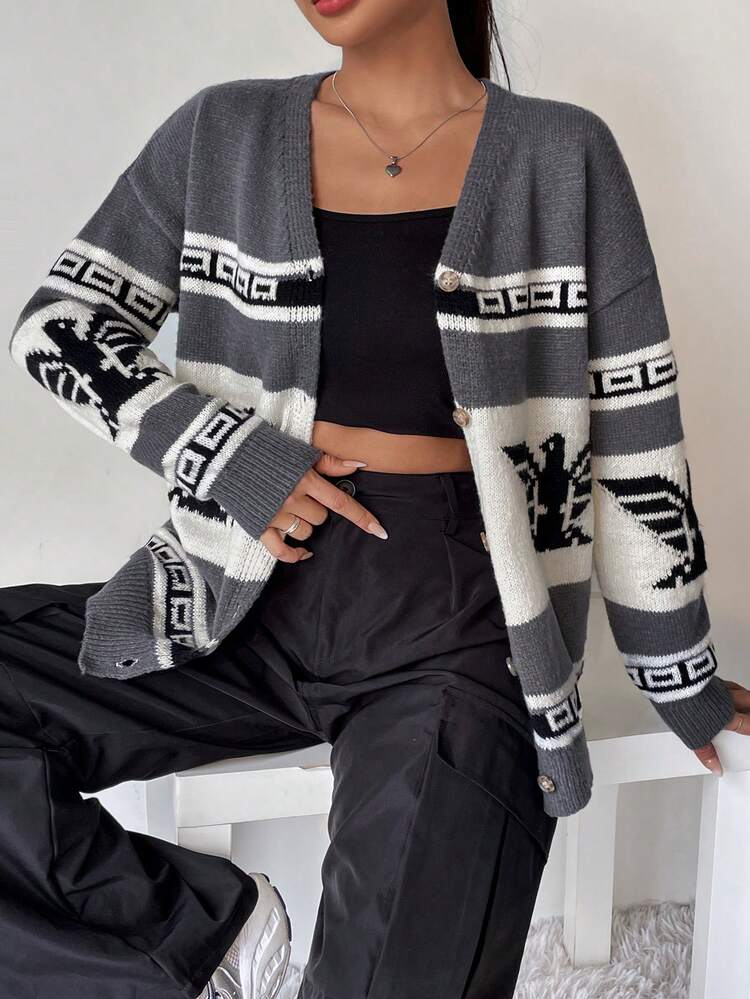 Letter Pattern Drop Shoulder Cardigan Fall Cloth For Women