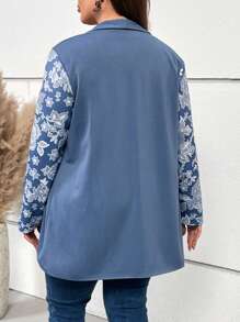 EMERY ROSE Plus Floral Print Open Front Coat - Blue - View 2