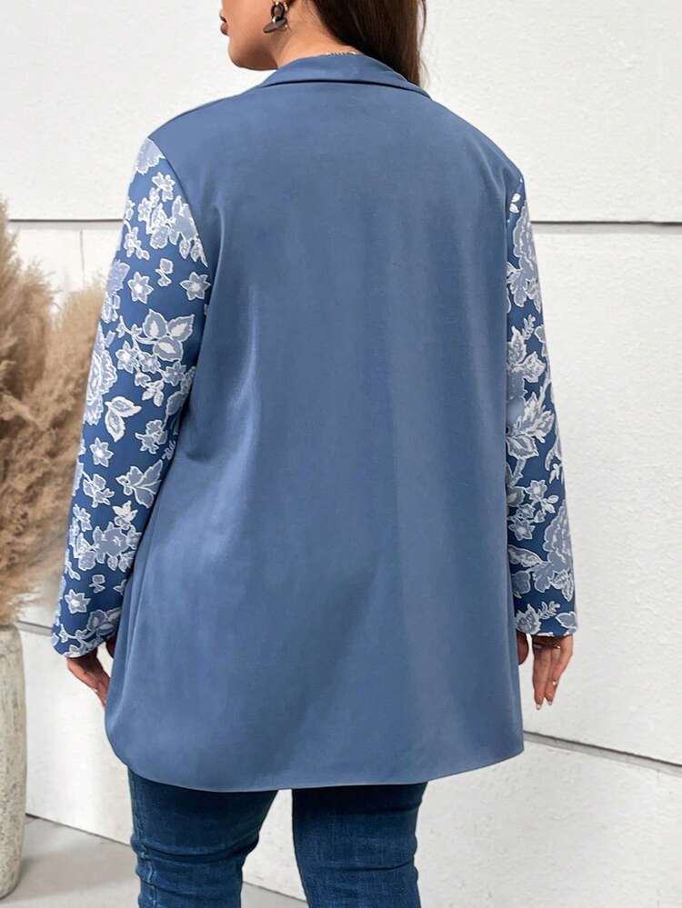 Plus Floral Print Open Front Coat