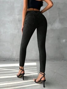 SHEIN PETITE Zipper Fly Skinny Jeans Without Belt - Black - View 3