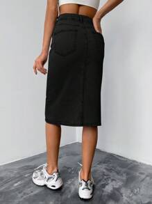 Cottnline Button Front Slant Pocket Button Up Pencil Skirt - Black - View 2