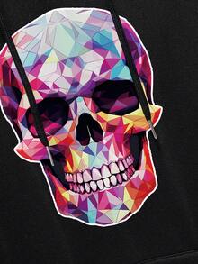 男士骷髅頭圖案袋鼠口袋抽繩加絨內裏連帽衫 - 黑色 - 查看 6