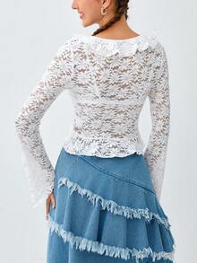 Soleia Ruffle Trim Button Front Crop Lace Blouse Without Bra - White - View 2