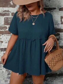 SHEIN LUNE Plus Solid Frill Trim Peplum Blouse - Navy Blue - View 4