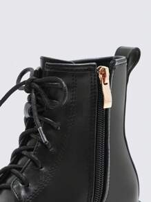 女孩公主靴子,平底學校鞋,黑色皮革短靴適用於小女孩 - 黑色 - 查看 6