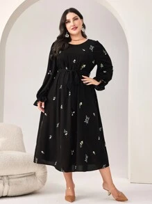 Al Najma 大碼印花荷葉袖繫腰帶洋裝 - 黑色 - 查看 6