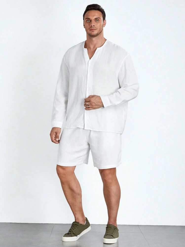 Men Plus Loose Solid Color Buttoned Shirt & Shorts Set