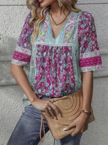 SHEIN LUNE Paisley Print Puff Sleeve Blouse - Hot Pink - View 5