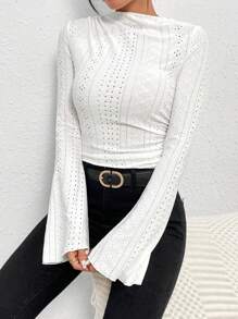 SHEIN LUNE Round Neck Eyelet Embroidery Flounce Sleeve Tee - White - View 6