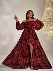 大碼印花一字肩高衩雪紡洋裝 - 紅色 - 查看 1