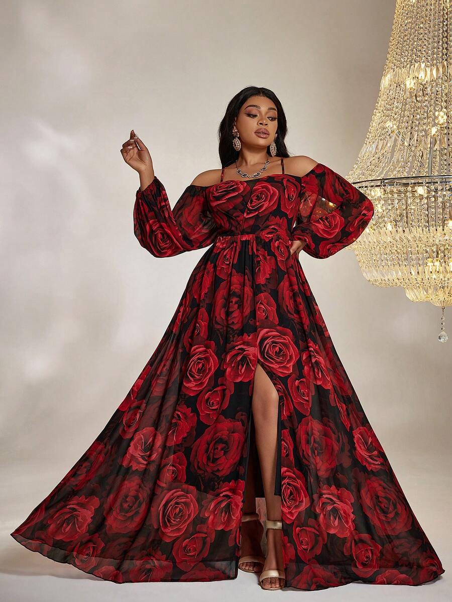 大碼印花一字肩高衩雪紡洋裝 - 紅色 - 查看 1