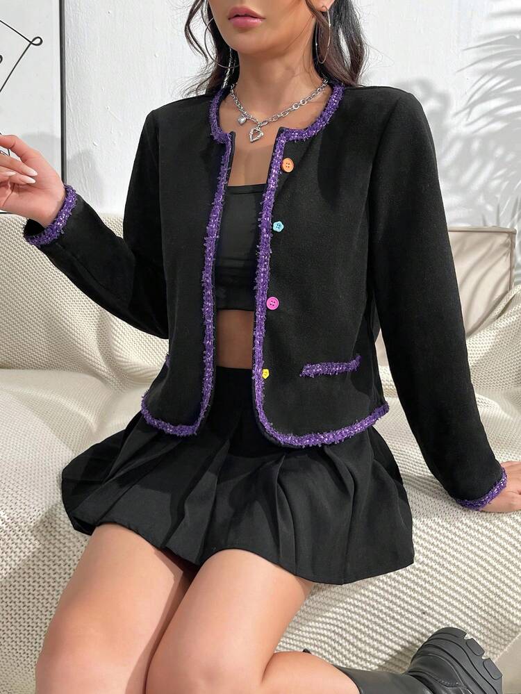 Contrast Trim Button Front Overcoat Fall Cloth For Women