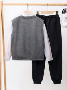 SHEIN Tween Boy Letter Patched Tank Top & Sweatpants & Shirt - Grey - View 3