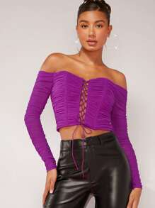 Hauture Off Shoulder Lace Up Ruched Crop Top - Purple - View 4