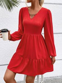 SHEIN LUNE Chain Detail Lantern Sleeve Ruffle Hem Dress - Red - View 6