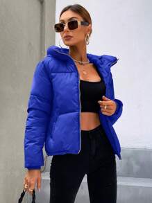 SHEIN Essnce Women's Plain Color Zip Collar Hooded Padded Casual Jacket, Winter - Royal Blue - View 3