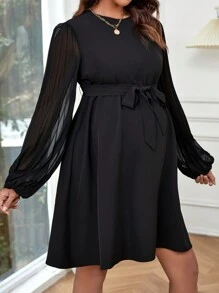 SHEIN 孕婦裝撞色網眼燈籠袖束腰帶洋裝 - 黑色 - 查看 1