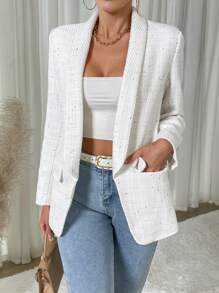 Ellegaria. Shawl Collar Flap Detail Open Front Blazer Fall Cloth For Women - White - View 3