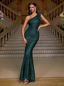 單肩魚尾裙下擺亮片正式洋裝 - 墨綠色 - 查看 3