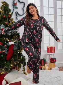 Plus Christmas Print PJ Set, Fall Winter Clothes - Black - View 2