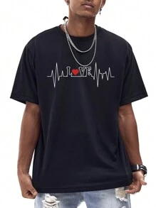 男士愛心和字母圖案T恤 - 黑色 - 查看 4