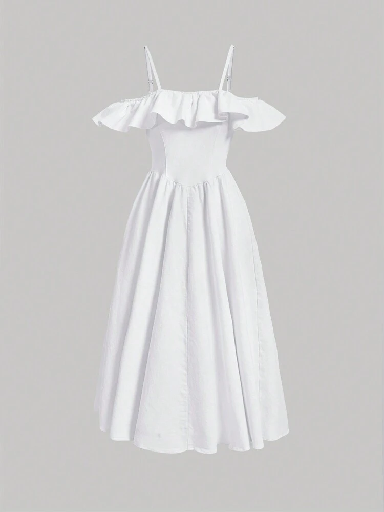 Cold Shoulder Ruffle Trim Denim Cami Dress